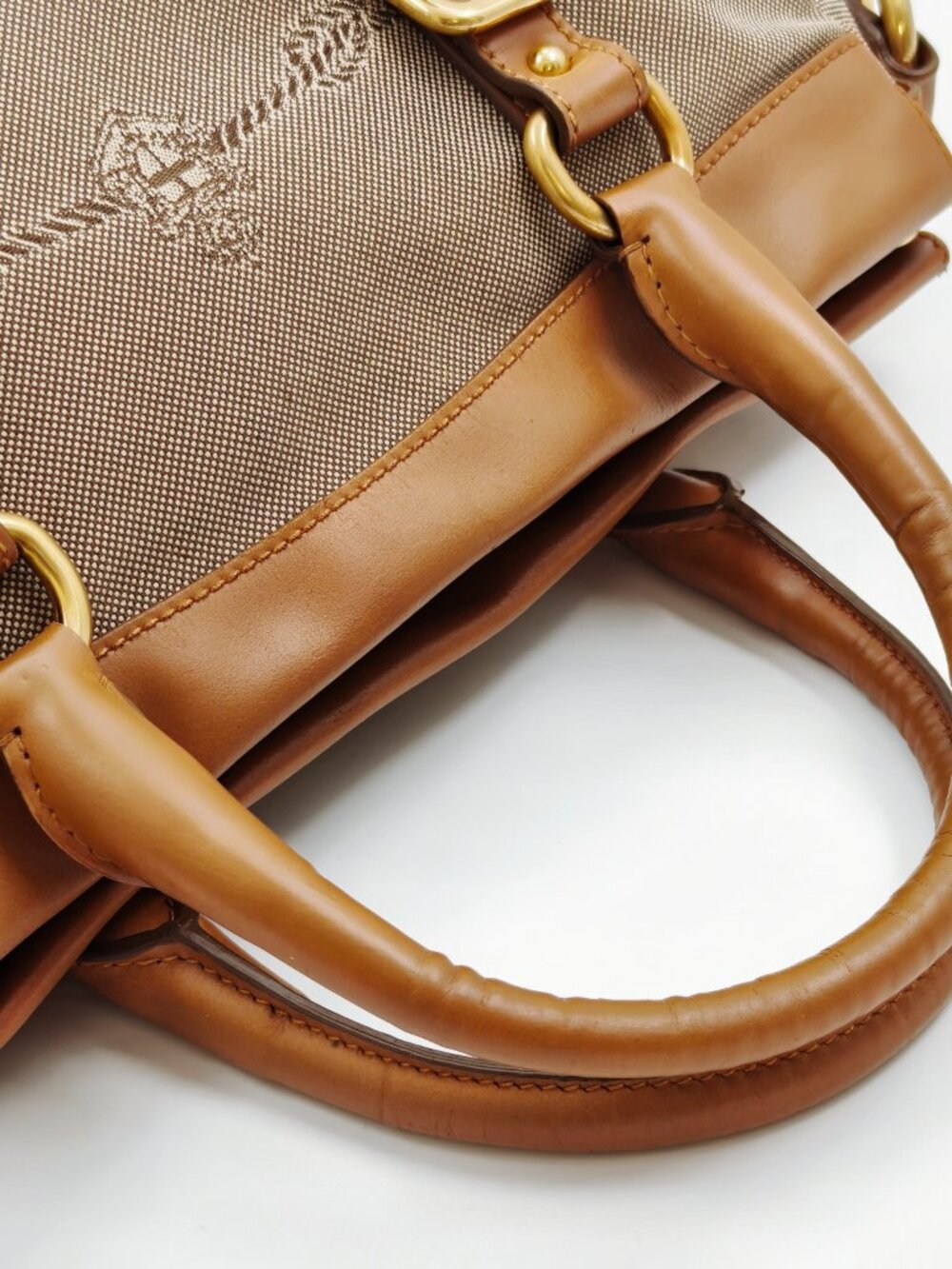 Prada Canapa Canvas Leather Satchel Handbag Brown Logo Top Handle Bag - Picture 5 of 13